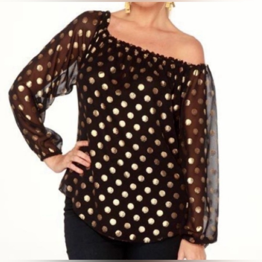 Joseph Ribkoff slightly sheer chiffon balloon sleeve off shoulder blouse size 16